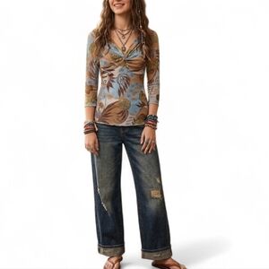 Vintage Pō Floral Mesh Top Y2K Whimsygoth Twist Front V-Neck 90s Brown Blue